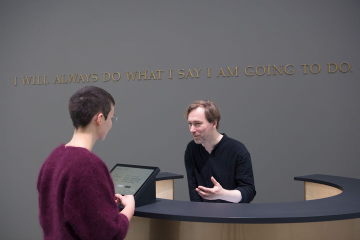 Adrian Piper <i>The Probable Trust Registry: The Rules of the Game #1-3</i>, Installation, Performance, 2013-2017, Staatliche Museen zu Berlin, Nationalgalerie / Thomas Bruns © Adrian Piper Research Archive Foundation Berlin. © APRA Foundation Berlin