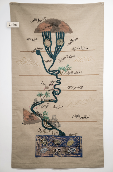 Detail <i>Shifting perspectives</i>: <i>Al-Khawarizmi’s Nile Map</i>, Huda Lutfi und Sabine Bitter & Helmut Weber, Textilien bestickt, 2024, Alle Fotos: Sabine Bitter, Huda Lutfi