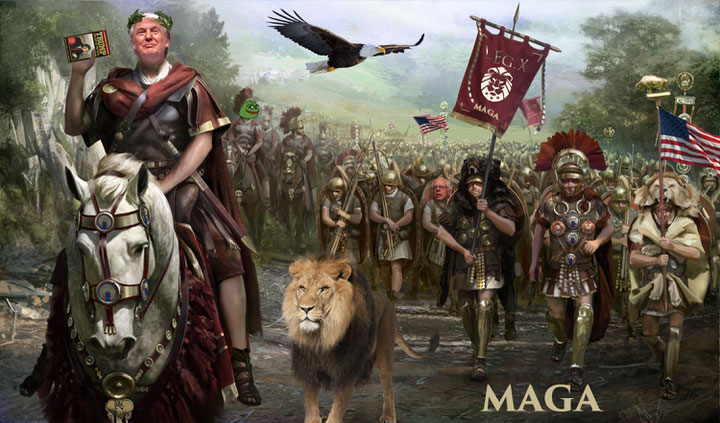Künstlerisches Rendering der „7th Armored Meme Division", angeführt von „High King Trump" kurz vor „The Battle of God Emperor Trump", Quelle: Encyclopedia Dramatica