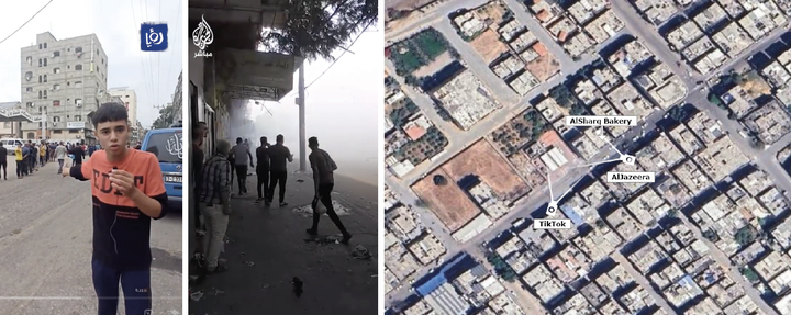 Left: TikTok video (29 October 2023); centre: AlJazeera video (4 November 2023); right: geolocation of the two videos and the bakery