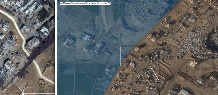 Planet satellite imagery from 29 January 2024 showing a crowd of people in queue adjacent to the Al-Mawasi ‘humanitarian zone’