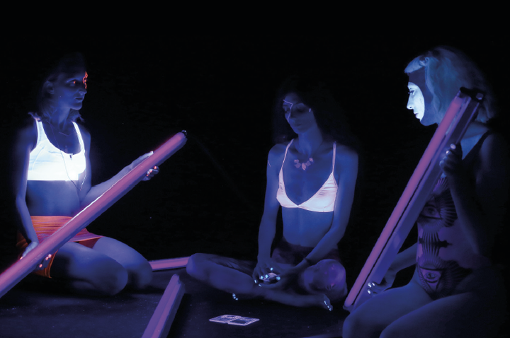 Lucile Olympe Haute, <i>Cyberwitches Ritual</i>, 2017, Digitalfotografie,Models: Chloé Lavalette, Lizzie Saint Septembre, Hélène Alix,<i>Technoschamanismus</i>, Ausstellungsansicht, HMKV im Dortmunder U, Courtesy: Lucile Olympe Haute