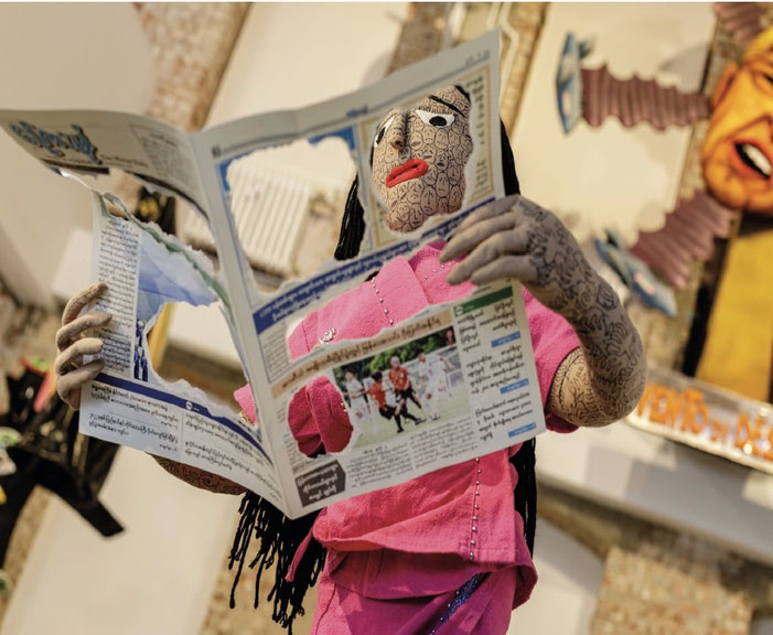 Chaw Ei Thein, <i>Artists’ Street</i>, 2025, <i>Self-Portrait as Stuffed Doll 2004–08</i>, Installationsansicht, 13. Berlin Biennale, KW Institute for Contemporary Art, 2025, © Chaw Ei Thein, Foto: Eberle & Eisfeld