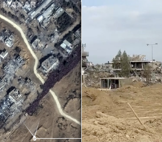 Aerial view of the checkpoint on Salah al-Din Street. Right: The checkpoint as viewed from an Israeli military position (marked with a camera icon on the left image)