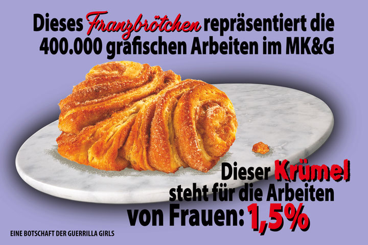 Guerrilla Girls Dieses Franzbrötchen repräsentiert die 400.000 grafischen Arbeiten im MK&G – Dieser Krümel steht fürdie Arbeiten von Frauen: 1,5%, 2022, © Guerrilla Girls, Courtesy: guerrillagirls.com