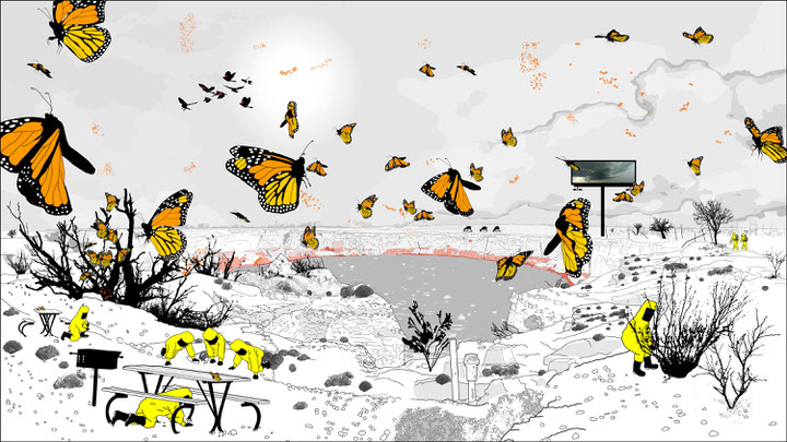 Marina Zukow, <i>Mesocosm (Wink, Texas)</i>, 2012, Softwaregestützte Animation, in der die Entwicklung eines Ökosystems rund um ein Ölbohrloch über 144 Stunden hinweg simuliert wird, Courtesy: bitforms gallery, New York