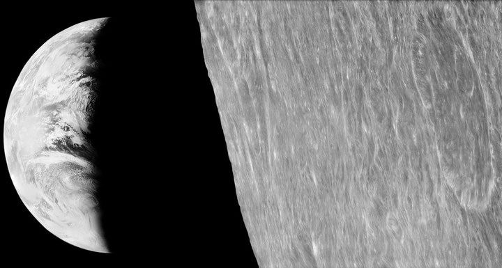 Foto der Lunar Orbiter 1 aus dem Mondorbit in Richtung Erde (Detail), aufgenommen von einer Kamera mit Weitwinkel- und Teleobjektiv, die gleichzeitig zwei Arten von Bildern aufnehmen konnte; restauriertes Bild (1966/2008); NASA/LOIRP