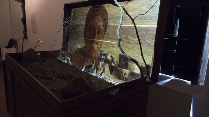 Samira Vera-Cruz, <i>Di Nos</i>, 2019, Kiste, Erde, Äste, Videoprojektion, Foto: Associação Amigos do Museu do Cinema em Moçambique (AAMCM)