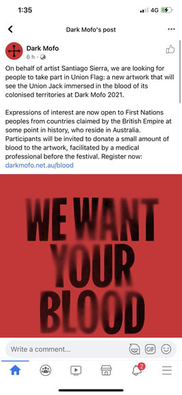 Posting von Dark Mofo mit der Bitte um indigenes Blut für ein Projekt von Santiago Sierra Quelle: Instagram