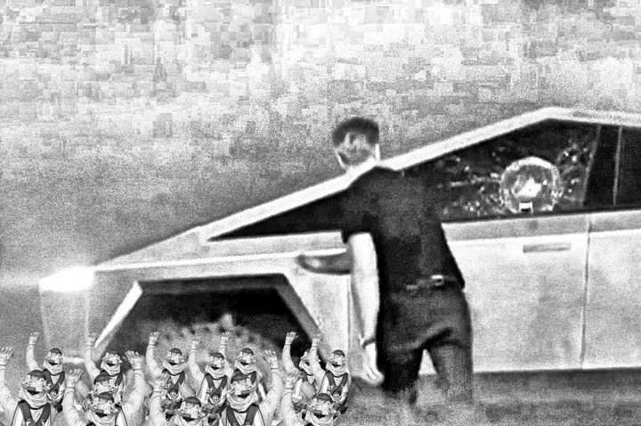 Smart City Colnate Group, Der Mond schwebt über Dholera, Gujarats futuristische Smart City mit Solarpark und Chip-Hub, „besetzt“ voneiner hybriden Öffentlichkeit: ein Affe, der in der Mitte seine Optionen abwägt, Menschen, die Straßenessen verzehren, und