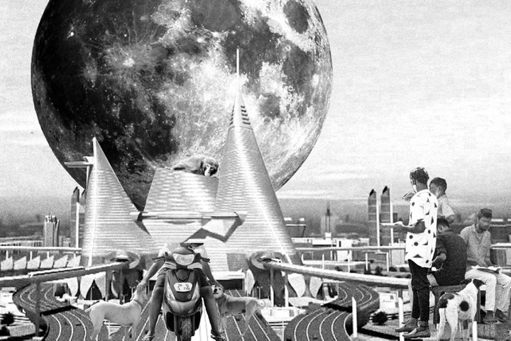 Smart City Colnate Group, Arbeiter*innen heben ihre Hände, um ihre Streikmacht geltend zu machen; der Chef eines Smart-Car-Konzerns hebt seine Hand, um mit einem Steinwurf zu beweisen, dass die Panzerung seines Produkts unzerstörbar ist, undzerschlägt sch