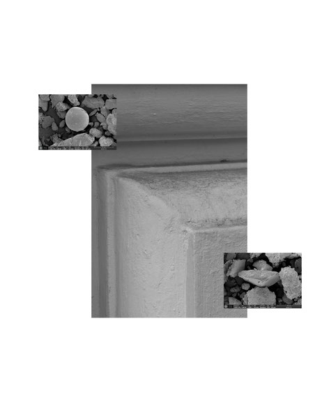Bianca Pedrina, Aus der Reihe <i>City Dust</i>, (ongoing), Fotografie eines Fassadendetails vom Künstlerhaus Wien, zwei Rasterelektronenmikroskop-Aufnahmen von Straßenstaub aus Wien, 2024, Courtesy: Bianca Pedrina